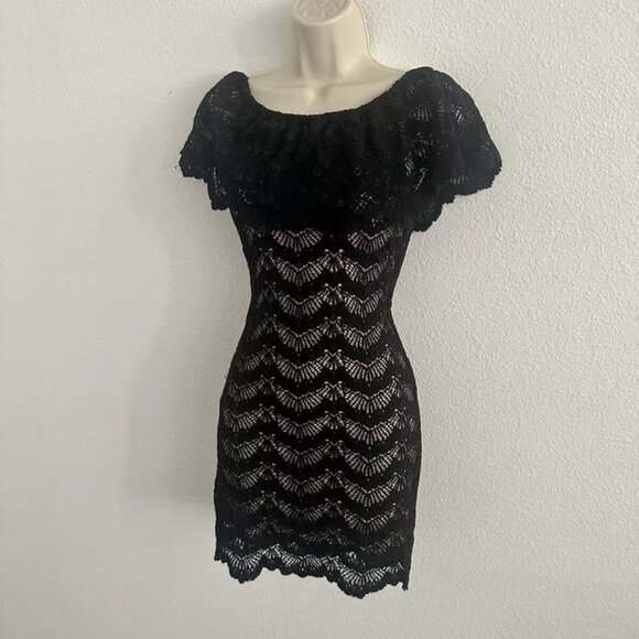 Nightcap Clothing Black Nude Lace Mini Dress Off the Shoulder Stretch Sz 2 Small - Picture 5 of 10